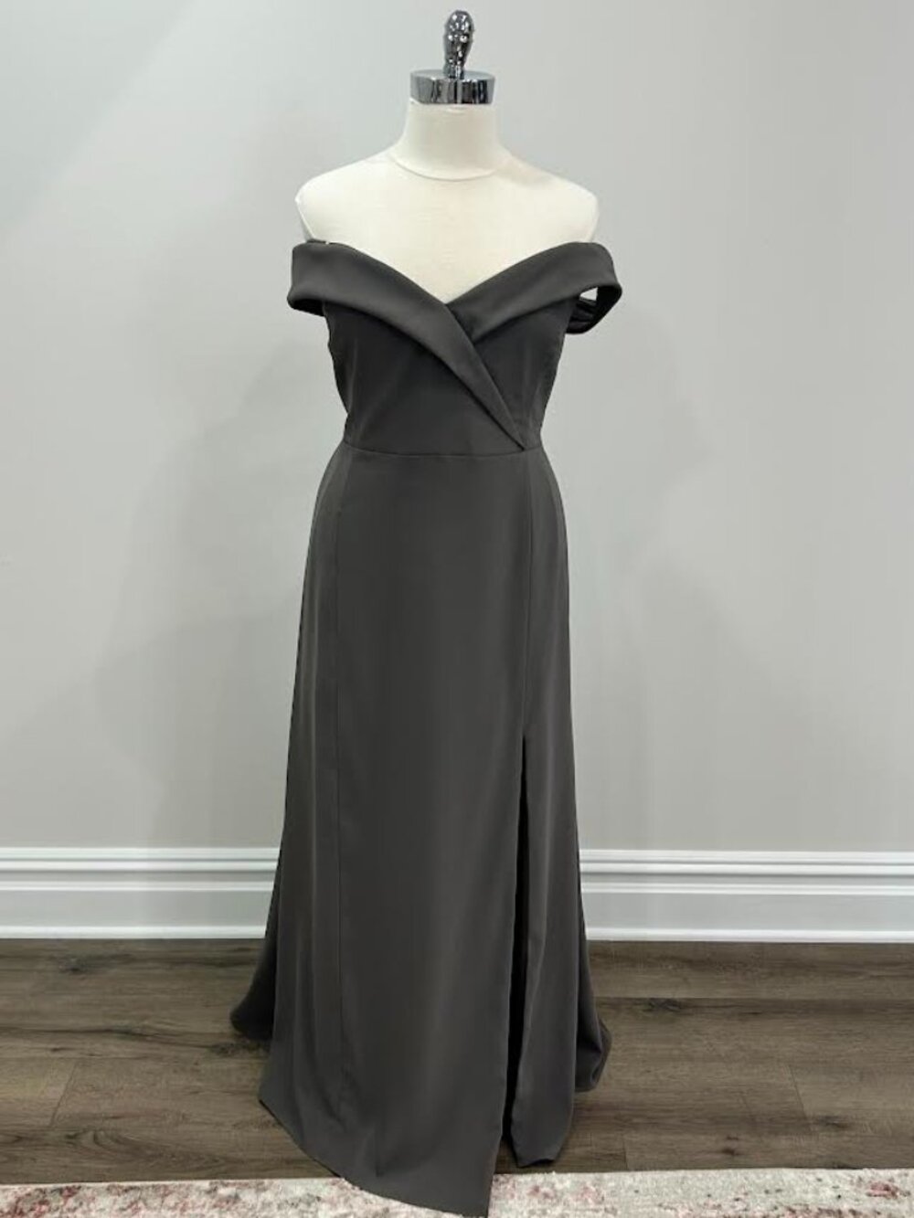 Caviar Gray Off the Shoulder Crepe Gown Style BB112 Size 26